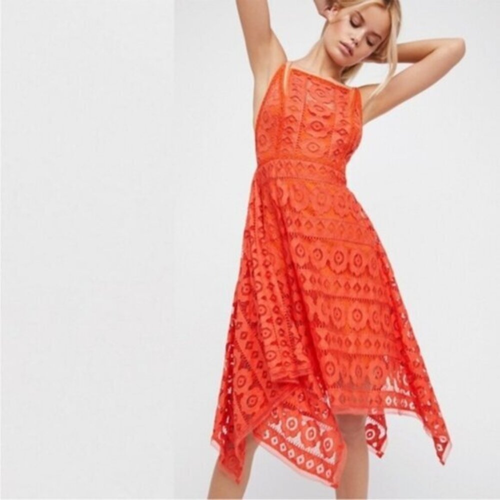 Free People Mini Dress Size 0 Coral Orange Lace Crochet Boho chic Formal Peasant